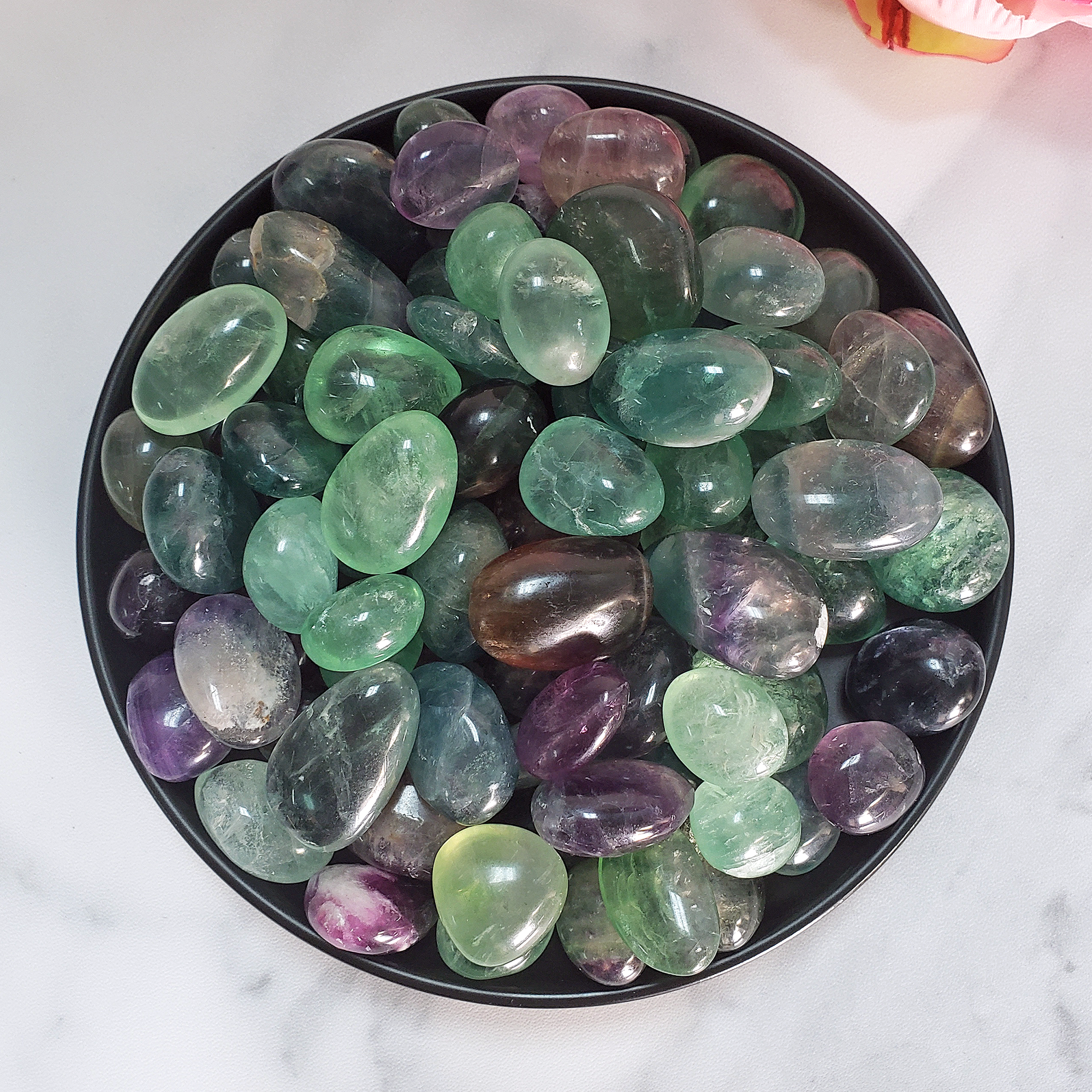 Fluorite Crystal Natural Gemstone Tumbled Stone | High Quality - AAA Grade Rainbow Fluorite in a Black Ceramic Dish