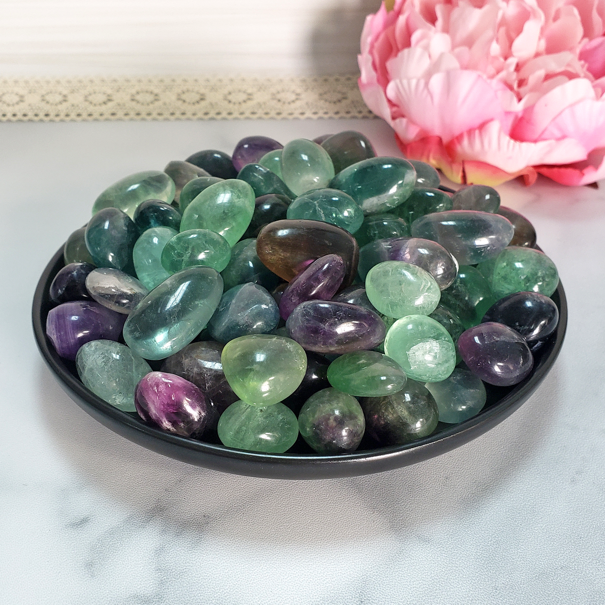 Fluorite Crystal Natural Gemstone Tumbled Stone | High Quality - AAA Grade Fluorite in Black Ceramic Bowl