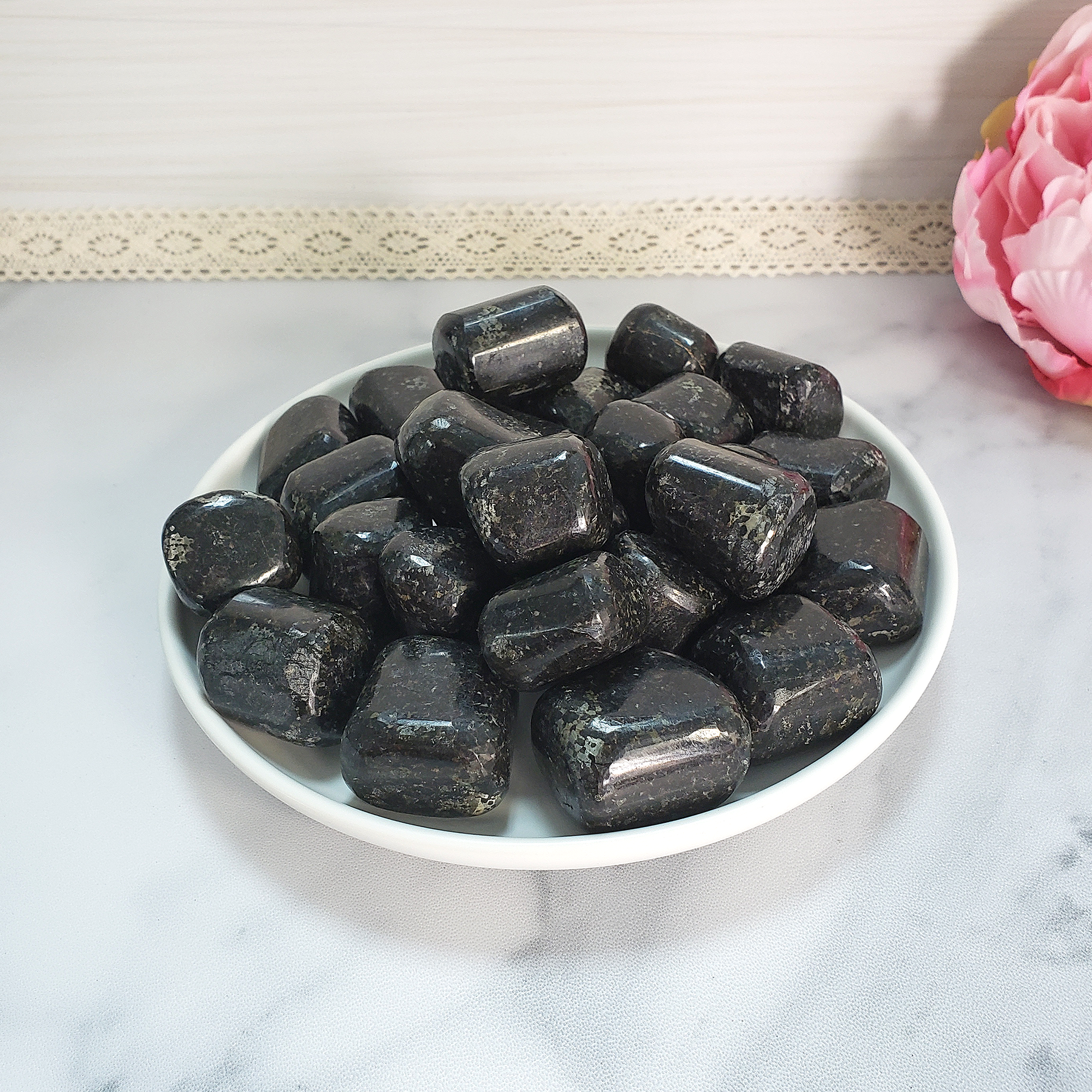 Black Galaxy Jasper Stone Natural Tumbled Crystal - One Stone - Tumbled Jasper Stones in White Ceramic Dish