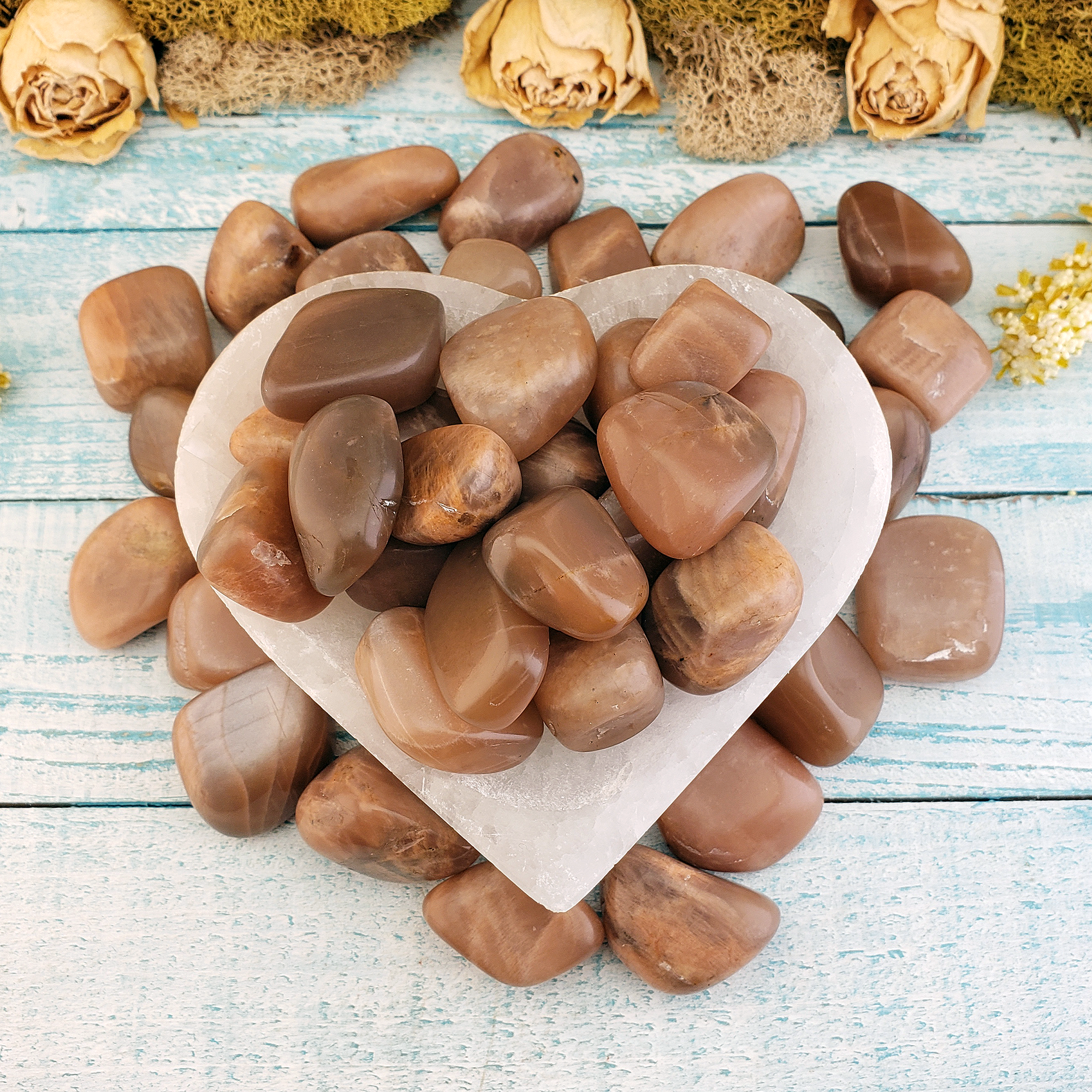 Peach Moonstone Natural Crystal Tumbled Stone - One Stone - In Selenite Bowl