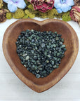 kambaba jasper crystal chips in wooden heart bowl