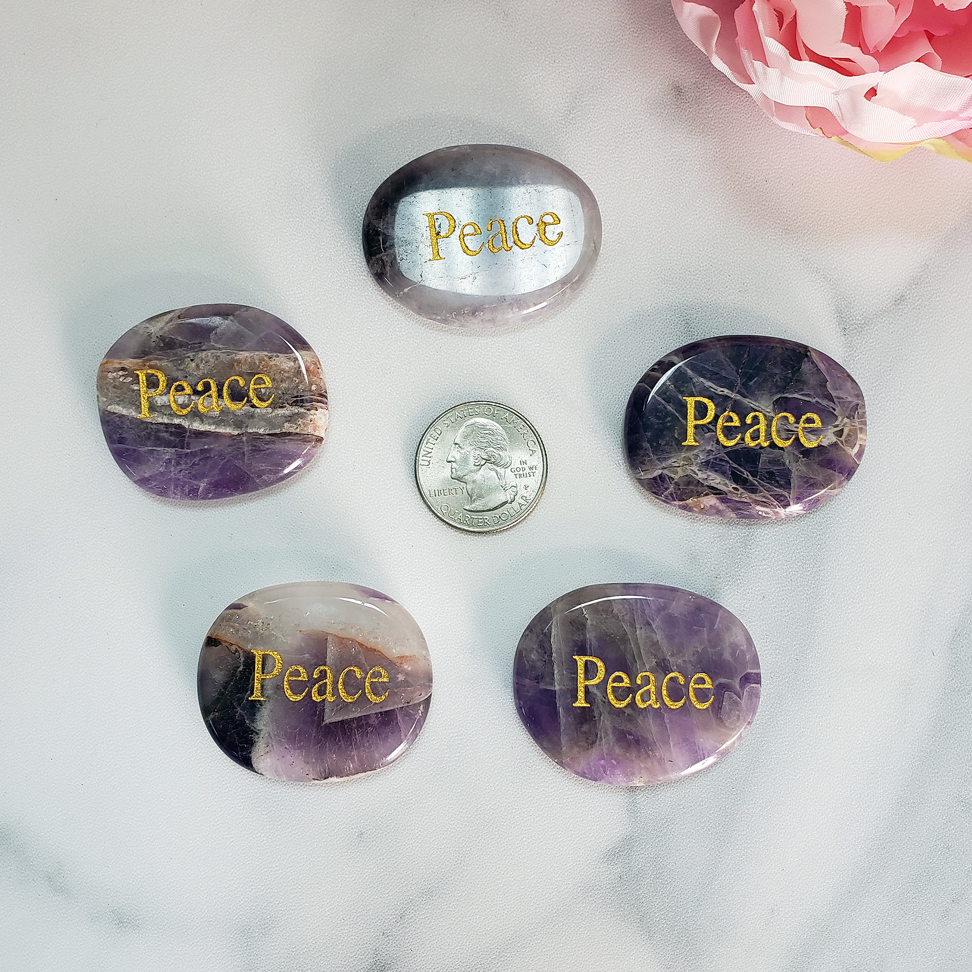 Amethyst Peace Affirmation Palm Stone | Natural Crystal Worry Stone with "Peace" Engraving - Size Comparison