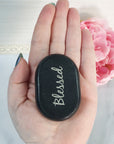 Black Basalt Rock Natural Crystal Etched Affirmation Stone | Blessed - 2