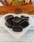 Black Obsidian Natural Tumbled Stone - One Stone - In Selenite Heart Bowl