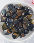 Multi Blue Tigers Eye Crystal Natural Gemstone Tumbled Stone - In White Ceramic Bowl