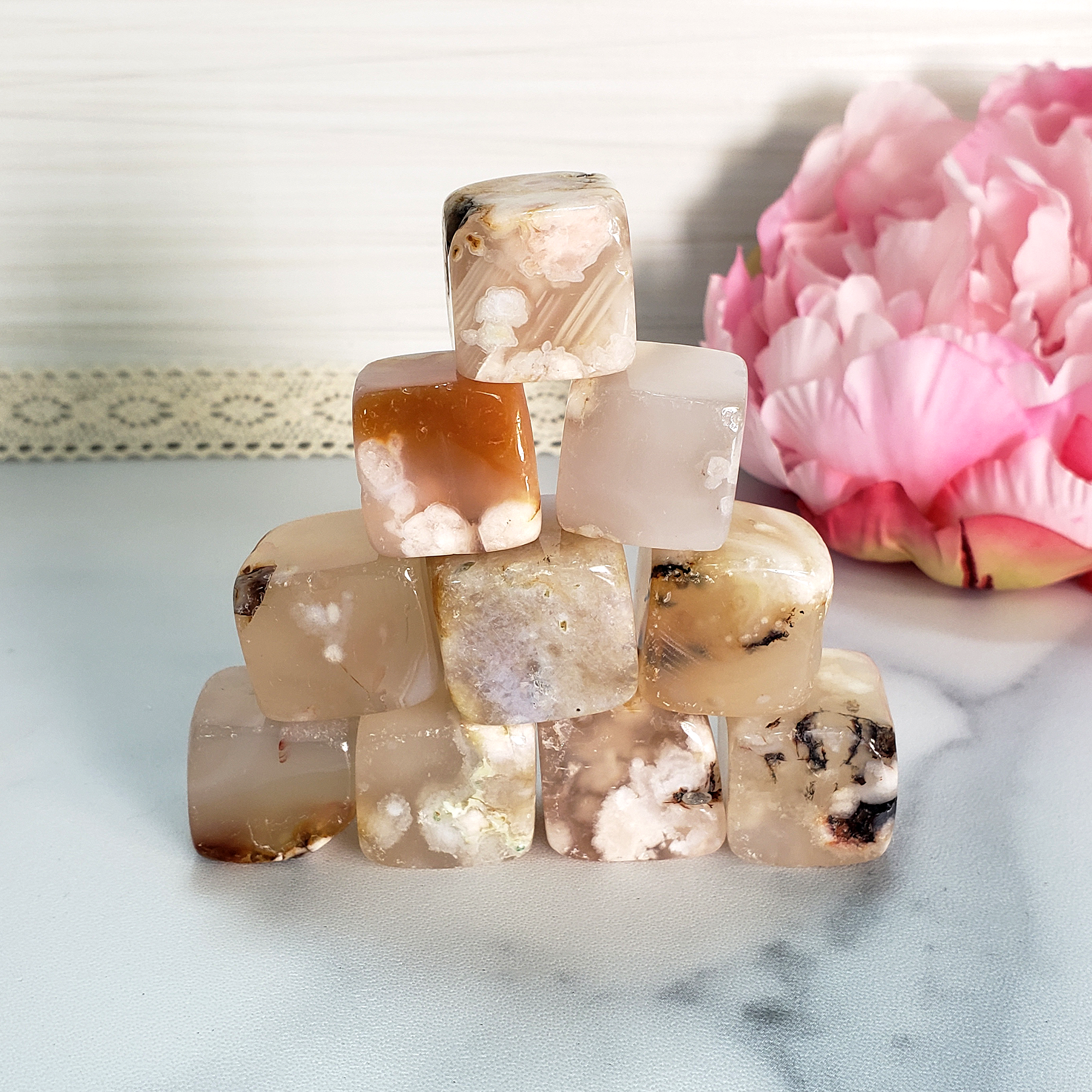Cherry Blossom Flower Agate Chalcedony Natural Gemstone Tumbled Crystal