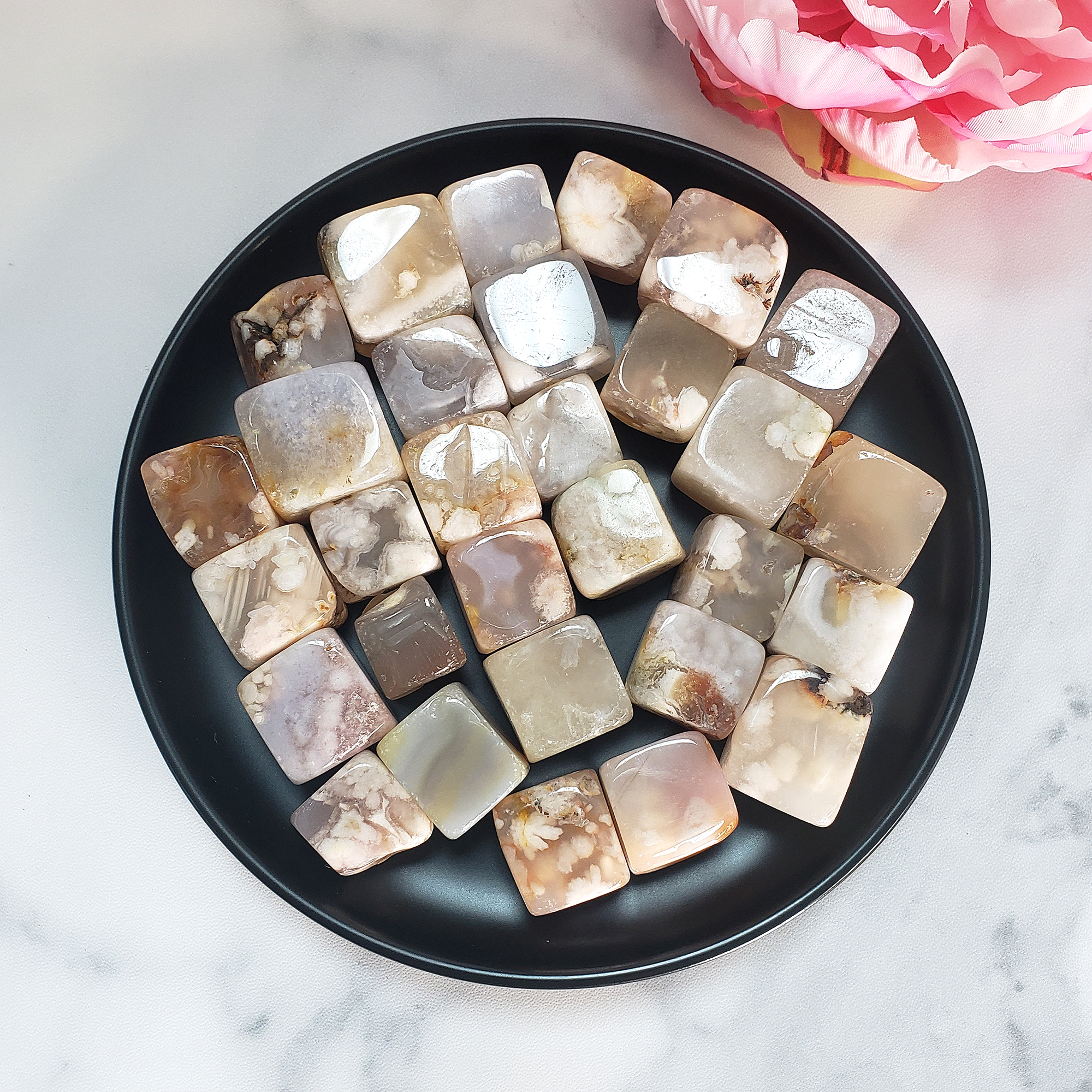 Cherry Blossom Flower Agate Chalcedony Natural Gemstone Tumbled Crystal - Cherry Blossom Agate Cubes in Black Ceramic Bowl