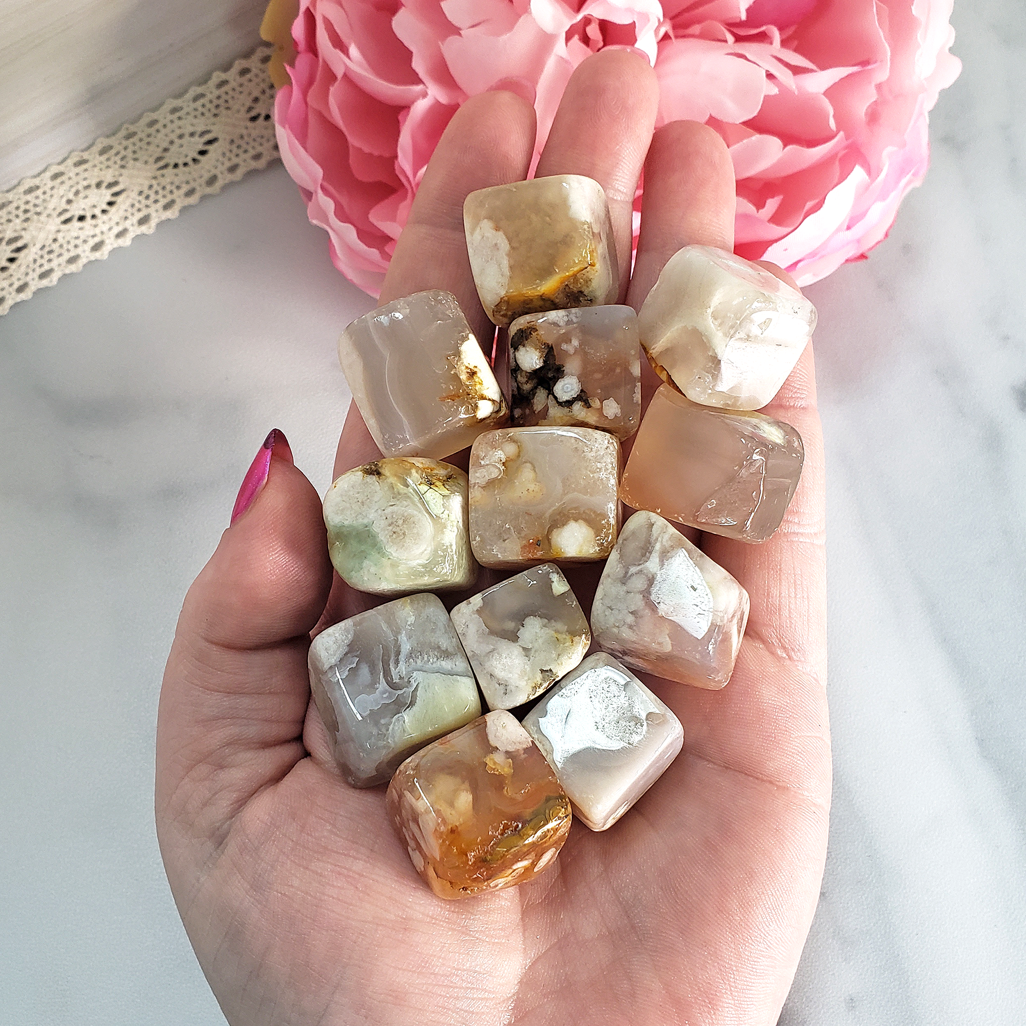 Cherry Blossom Flower Agate Chalcedony Natural Gemstone Tumbled Crystal - Handful of Natural Agate Cubes