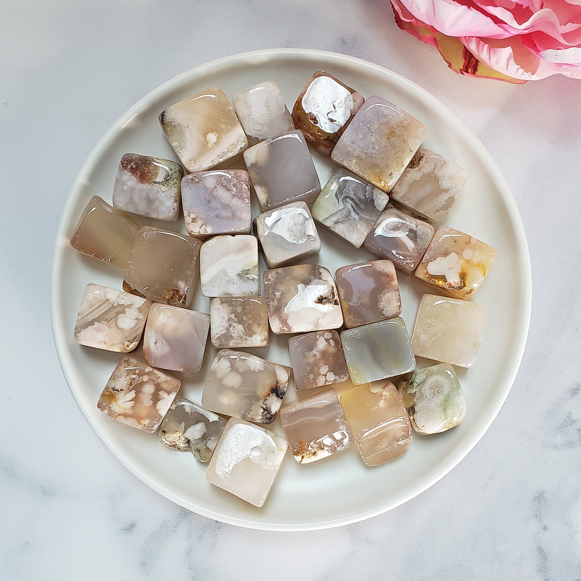 Cherry Blossom Flower Agate Chalcedony Natural Gemstone Tumbled Crystal - Flower Plume Agate Cubes in White Ceramic Dish