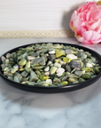 Infinite Serpentine Gemstone Chips By the Ounce - In Black Ceramic Bowl, Frontal View