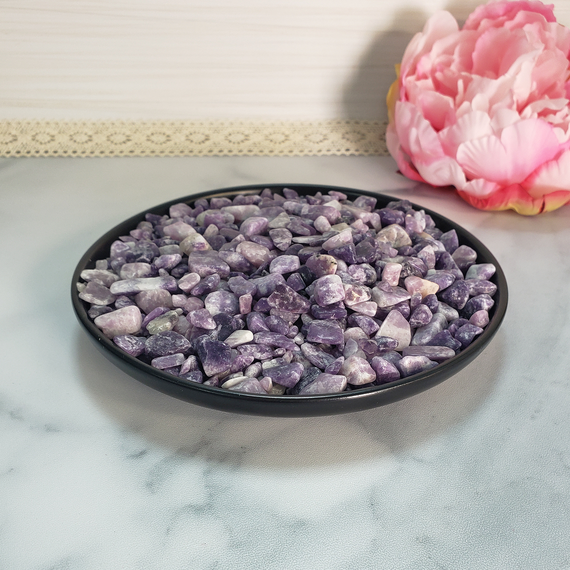 Lepidolite Natural Gemstone Chips By the Ounce - Crystal Chips in Black Ceramic Dish