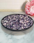 Lepidolite Natural Gemstone Chips By the Ounce - Crystal Chips in Black Ceramic Dish