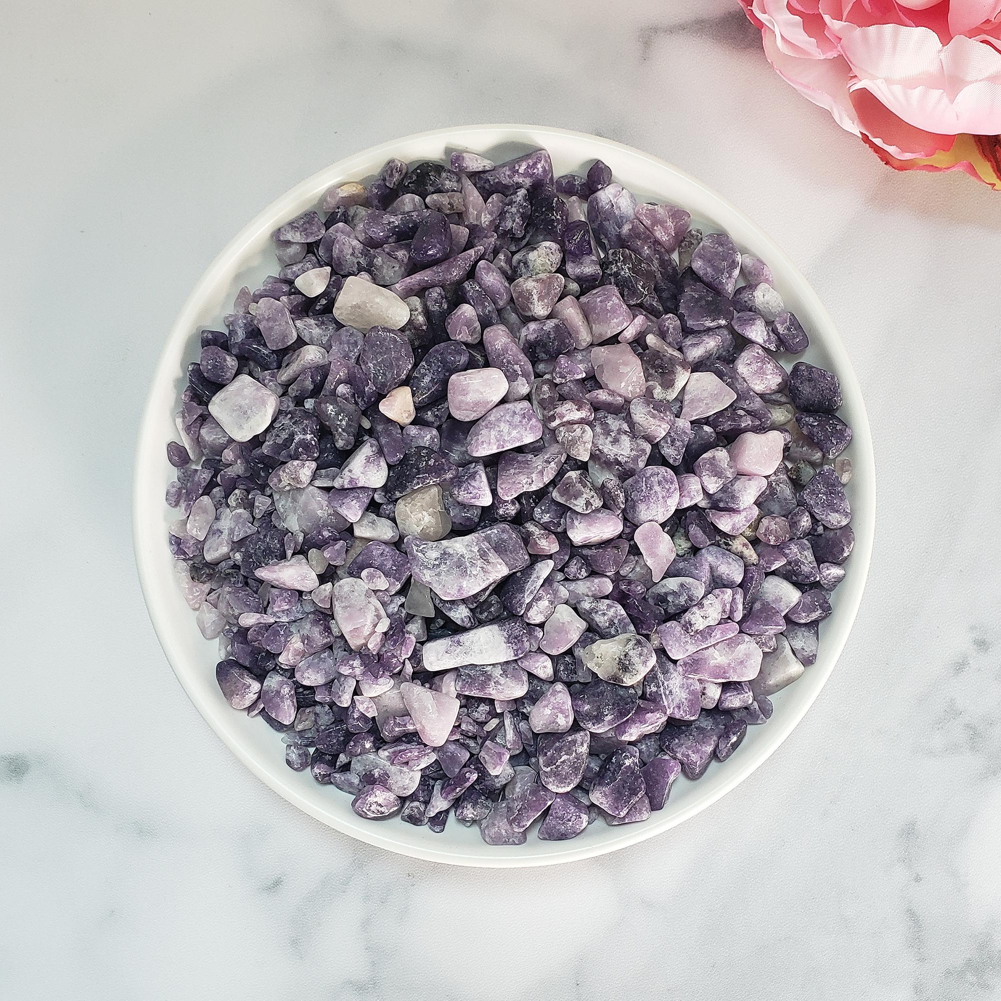Lepidolite Natural Gemstone Chips By the Ounce - Crystal Chips in White Ceramic Bowl
