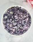 Lepidolite Natural Gemstone Chips By the Ounce - Crystal Chips in White Ceramic Bowl
