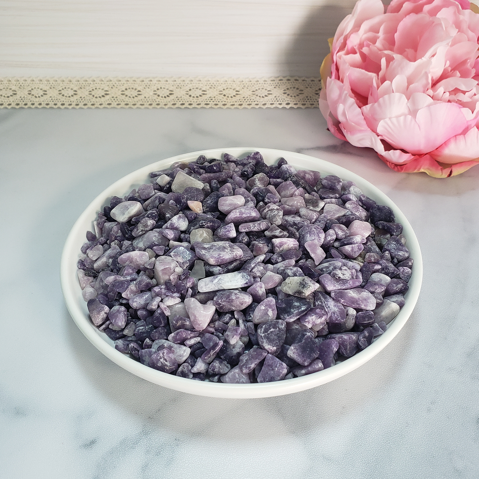 Lepidolite Natural Gemstone Chips By the Ounce - Gemstone Chips in White Ceramic Bowl