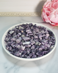 Lepidolite Natural Gemstone Chips By the Ounce - Gemstone Chips in White Ceramic Bowl