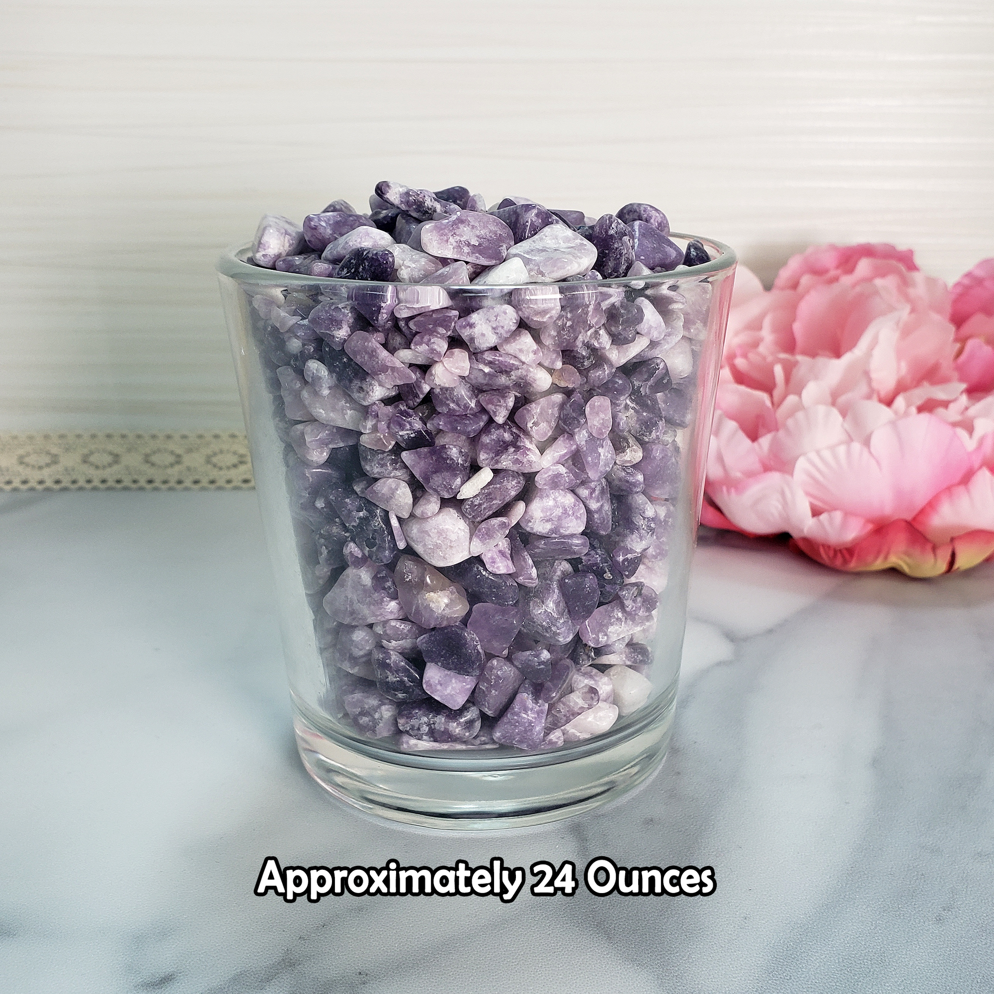 Lepidolite Natural Gemstone Chips By the Ounce - 24 Ounces in Glass Tumbler