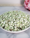 Citron Chrysoprase Lemon Magnesite Natural Crystal Chips By the Ounce - in White Ceramic Plate
