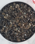 Dark Smoky Quartz Crystal Natural Gemstone Chips By the Ounce - In Black Ceramic Bowl