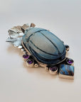 Egyptian Scarab Sterling Silver Pendant with Amethyst & Rainbow Calsilica