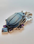 Egyptian Scarab Sterling Silver Pendant with Amethyst & Rainbow Calsilica