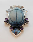 Egyptian Scarab Sterling Silver Pendant with Amethyst & Rainbow Calsilica