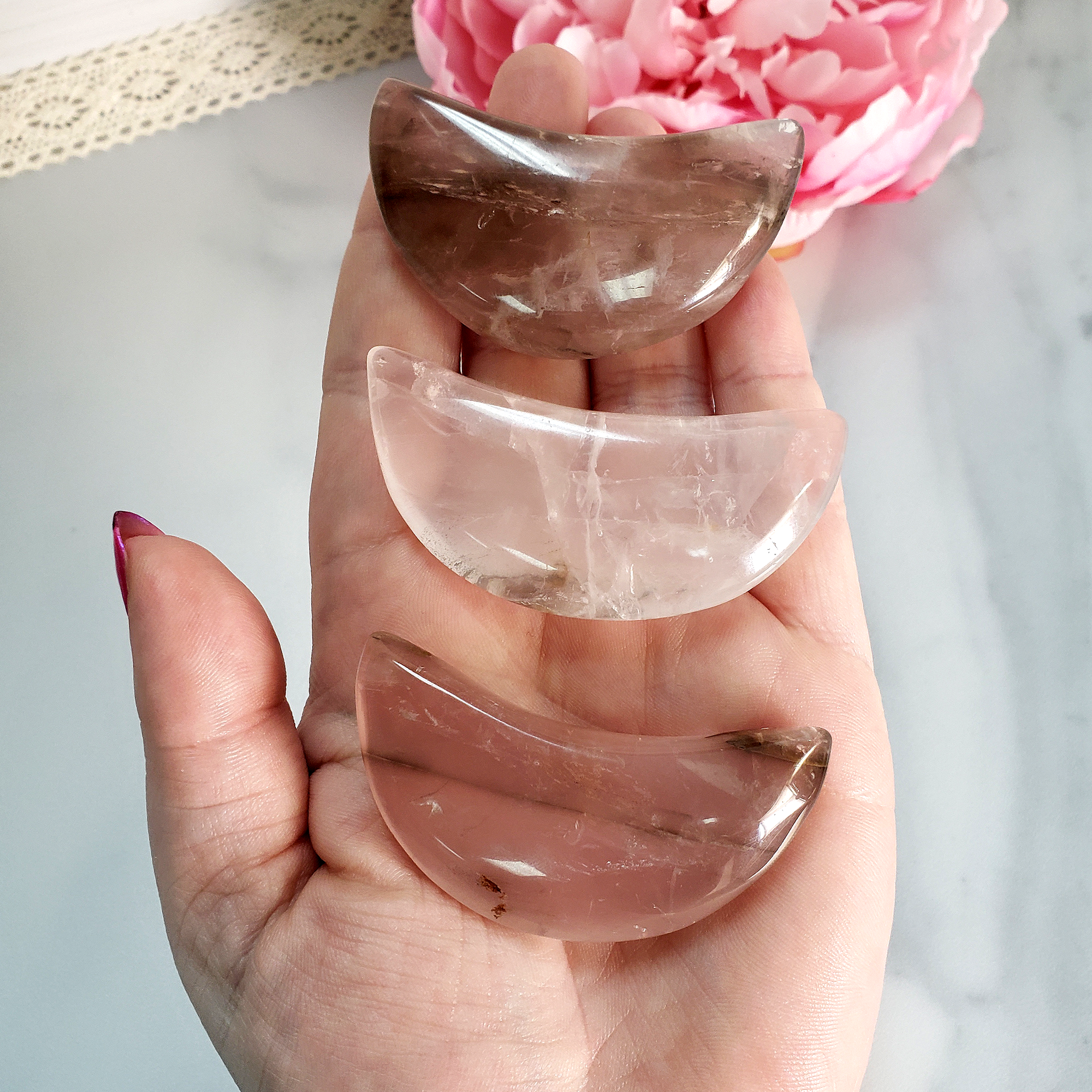  Included Rose Quartz Crystal Natural Gemstone Crescent Moon Carving - Slim - In Hand