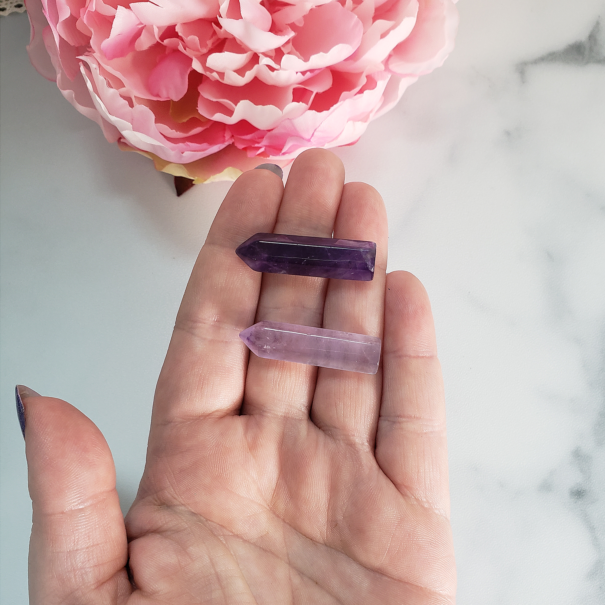 Amethyst Crystal Natural Gemstone Tower Point | MINI - Amethyst Stone Towers in Hand