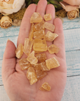 Honey Calcite Natural Raw Crystals Rough Gemstones - 3 Mini Stones - In Hand On Board