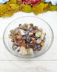 botswana agate crystals in glass bowl
