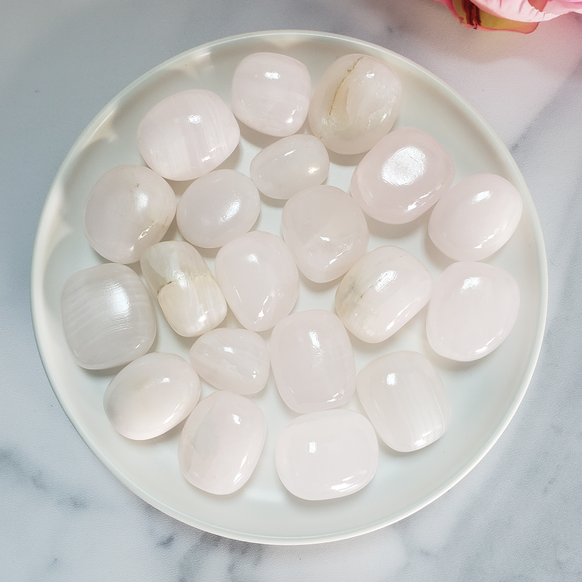 Pearl Pink Calcite Crystal Natural Tumbled Stone - Pastel Pink Calcite Polished Stones in White Ceramic Dish