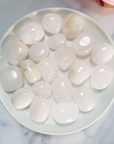 Pearl Pink Calcite Crystal Natural Tumbled Stone - Pastel Pink Calcite Polished Stones in White Ceramic Dish