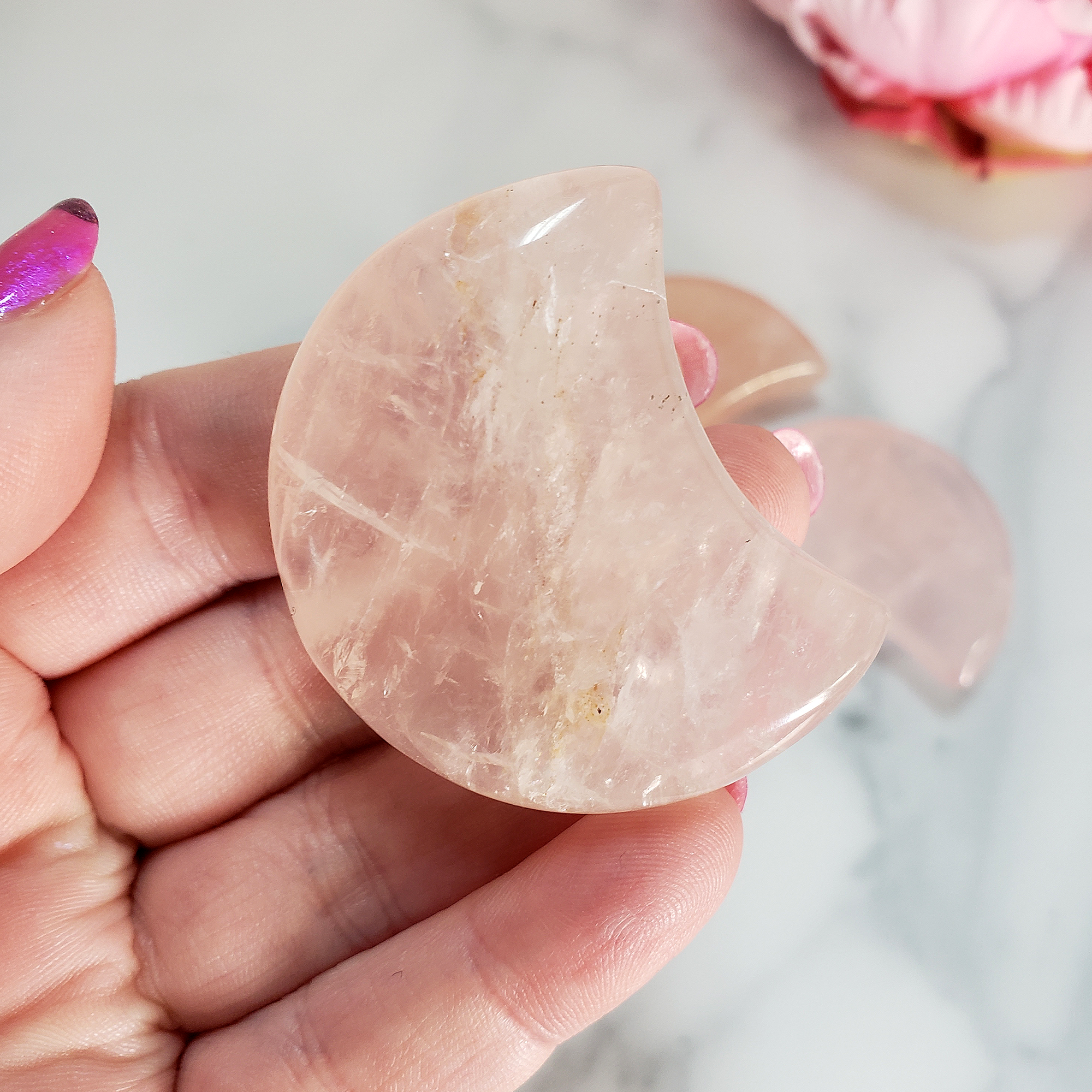 Rose Quartz Crystal Natural Gemstone Crescent Moon Carving - Chunky - Close Up to Show Natural Inclusions in Crystal