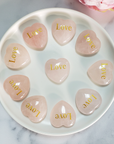 Rose Quartz Crystal Natural Gemstone Heart Carving | Engraved Love Affirmation - Rose Quartz Gemstone Hearts in White Ceramic Dish