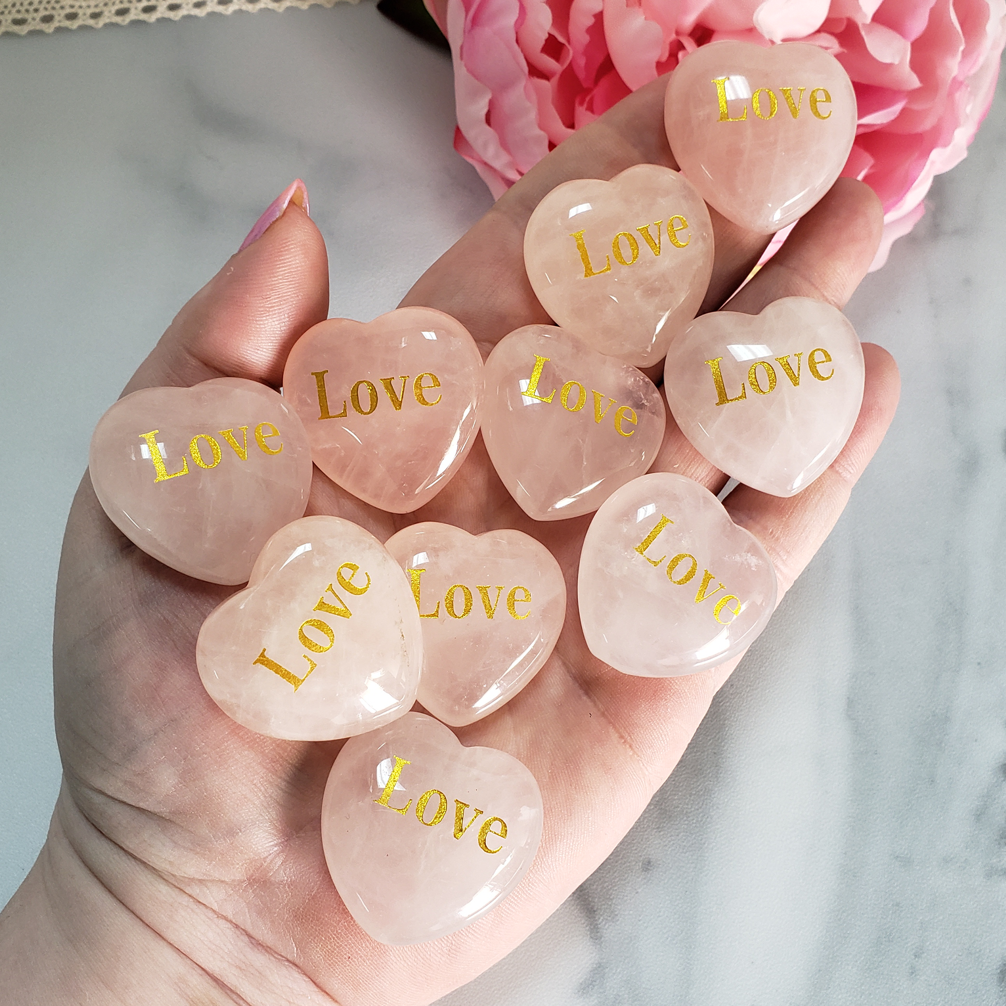 Rose Quartz Crystal Natural Gemstone Heart Carving | Engraved Love Affirmation - Handful of Love