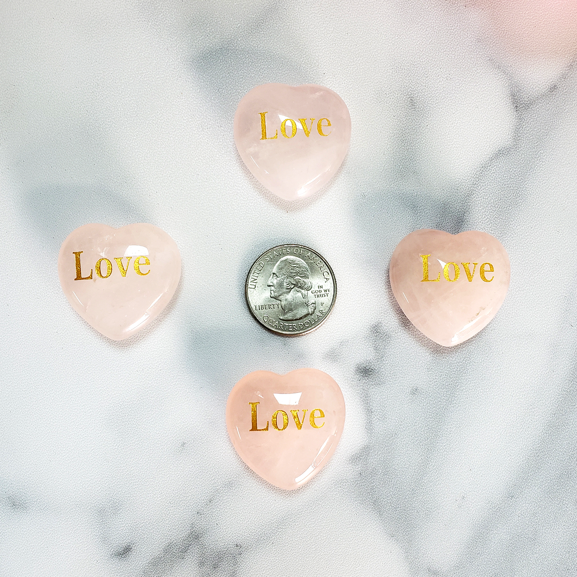 Rose Quartz Crystal Natural Gemstone Heart Carving | Engraved Love Affirmation - Size Comparison