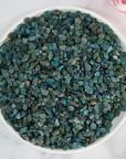 Rough Blue Apatite Stone Natural Crystal Chips By the Ounce - in White Ceramic Dish