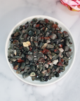 Seftonite Bloodstone Natural Gemstone Chips By the Ounce - Bloodstone Crystal Chips in White Ceramic Bowl