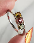 Green Tourmaline, Pink Tourmaline, & Yellow Tourmaline Crystal Natural Gemstone 925 Sterling Silver Ring | Size 10 - 1