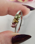 Green Tourmaline, Yellow Tourmaline, & Pink Tourmaline Crystal Natural Gemstone 925 Sterling Silver Ring | Size 10 - 1