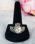 Unique White Topaz Crystal Natural Gemstone 925 Sterling Silver Claddagh Ring | Size 14