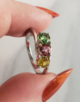 Green Tourmaline, Pink Tourmaline, & Yellow Tourmaline Crystal Natural Gemstone 925 Sterling Silver Ring | Size 5 - 1