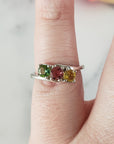 Green Tourmaline, Pink Tourmaline, & Yellow Tourmaline Crystal Natural Gemstone 925 Sterling Silver Ring | Size 5 - 2