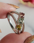 Pink Tourmaline, Blue-Green Tourmaline, & Yellow Tourmaline Crystal Natural Gemstone 925 Sterling Silver Ring | Size 6 - 6