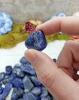 tumbled sodalite crystal pinched between fingers