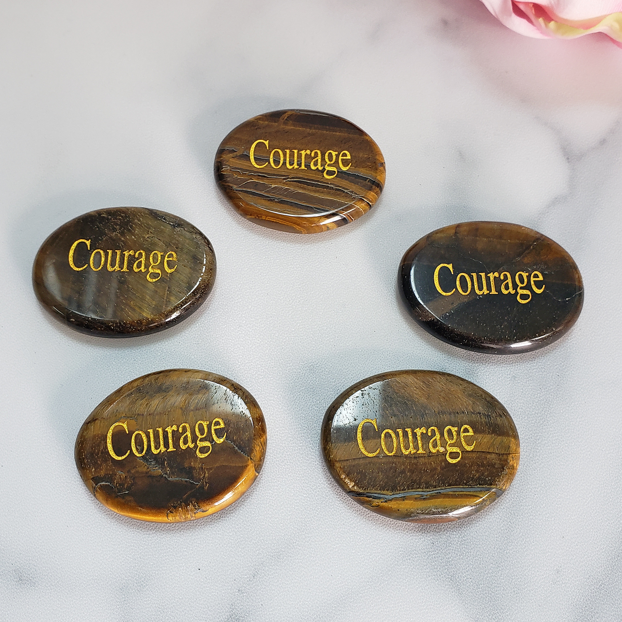 Tigers Eye Courage Affirmation Palm Stone | Natural Crystal Worry Stone with "Courage" Engraving