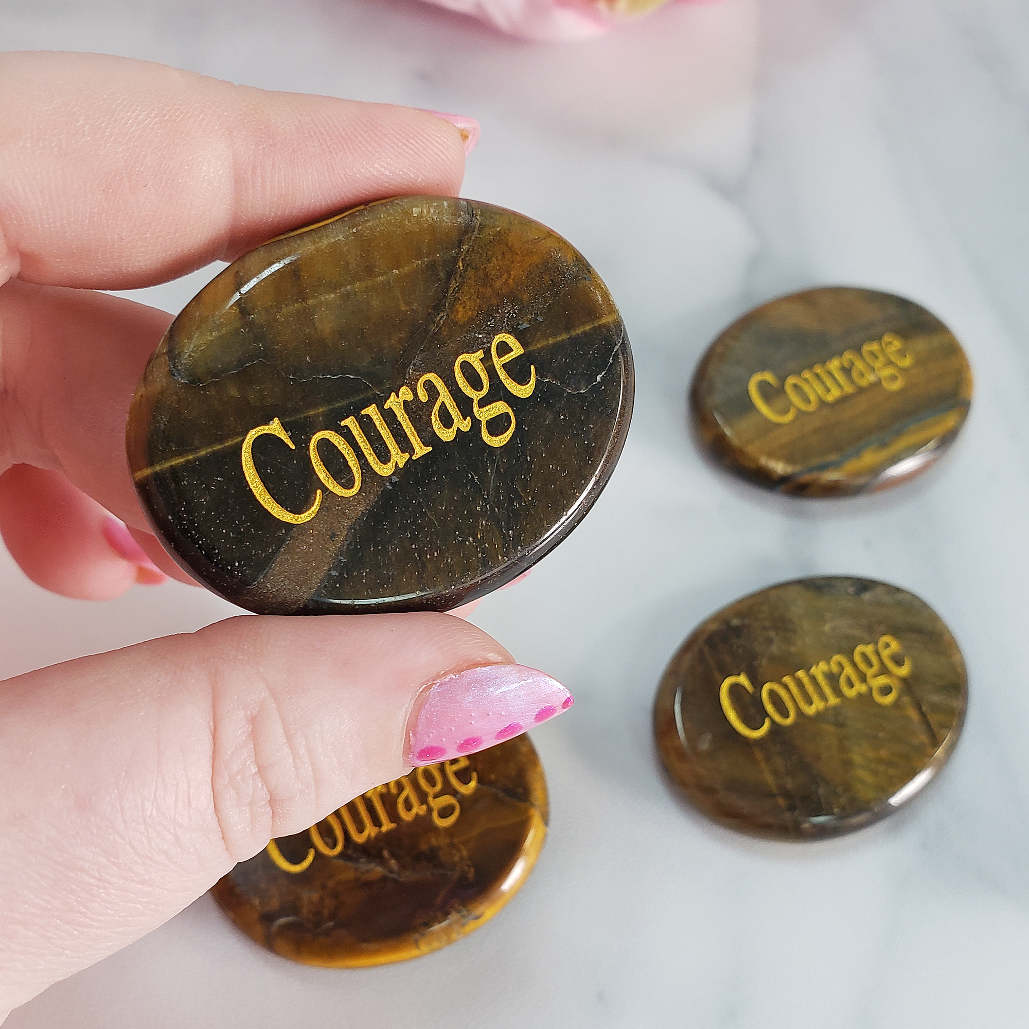 Tigers Eye Courage Affirmation Palm Stone | Natural Crystal Worry Stone with "Courage" Engraving - Close Up