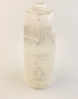 White Selenite Crystal Tower - Engraved with Triquetra - On White Background