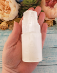 White Selenite Crystal Tower - Engraved with Triquetra - In Hand