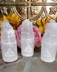 White Selenite Crystal Tower - Engraved with Triquetra - Group Photo for Comparison